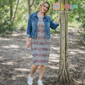 NWT LuLaRoe Julia Dress Size Large Gray Floral Stripe Stretch Midi Knee Length